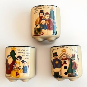 CMI Henton Christmas Snowmen Votive Tea Light Candle‎ Crocks 70s Vintage 2in EUC
